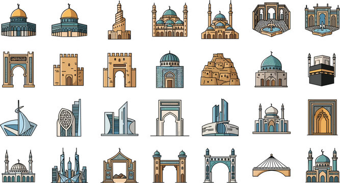 Comprehensive Islamic and Middle Eastern Architectural Icon Set Featuring Ancient Landmarks Grand Mosques Modern Skyscrapers and Desert Fortresses for Global Travel Design