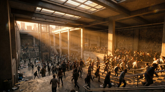 Subterranean city engulfed in panic as a crowd rushes through a dimly lit industrial space with dramatic sunlight streaming through high windows