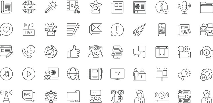 Media and news icon set. Editable stroke. Containing News, Television, blogging, social media, video, promotion, and more. Outline Icon Collection.