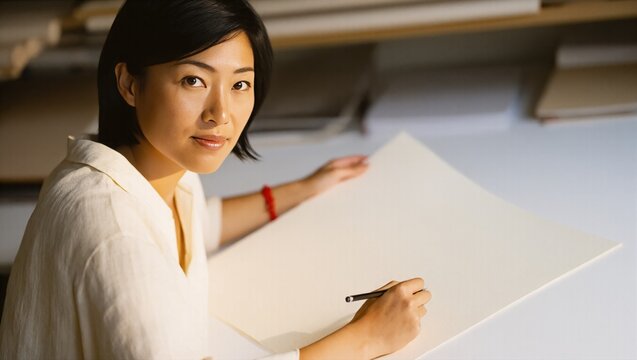 Artist studio scene with woman sketching at a desk in warm light