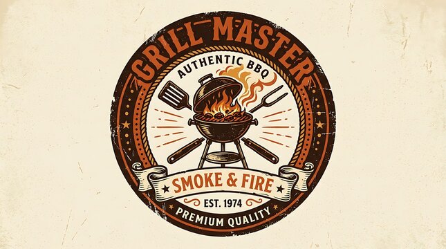 A Grill Master's logo with a barbecue grill and utensils on a vintage background