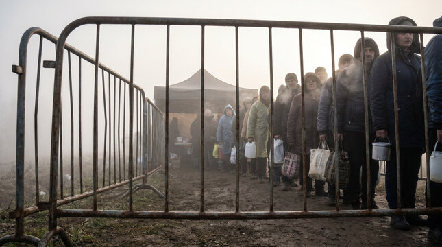 People standing in a foggy outdoor setting, lined up along a metal barrier for food rations, holding bags and containers, with a tent in the background