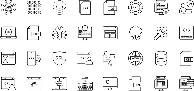 Programing & coding line editable icon set. Software development icon set. Editable stroke. Containing Code, api, programmer, developer, information technology, coder and more.