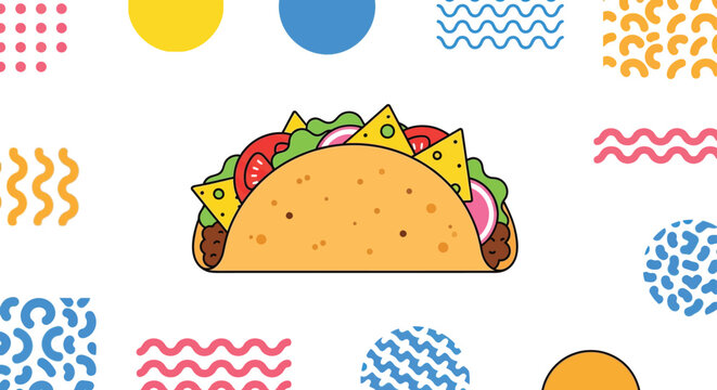 A colorful vector graphic illustration of a taco surrounded by vibrant abstract shapes and patterns