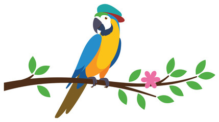 Colorful tropical parrot macaw bird sitting on tree branch with flower. © GW