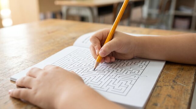Child hands tracing maze activity book pencil ADHD focus sustained attention classroom