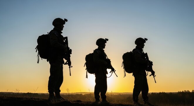 Three soldiers standing in silhouette against a vibrant sunset sky during a military operation.