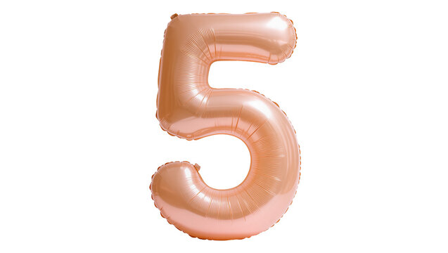 Rose gold number 5 balloon metallic foil shape, isolated on transparent background