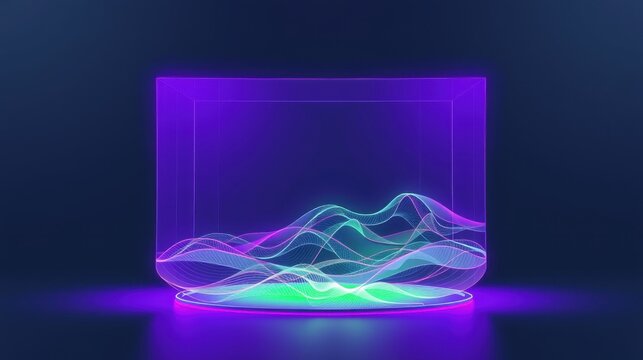 Glowing rectangular prism contains undulating lines. Blue, purple hues dominate dark background. Minimalist design evokes digital space.