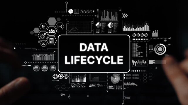 Hands Typing on Keyboard with Data Lifecycle Concept and Graphs in Background for Technology and Data Management Visuals. Asymptotic smart data analytic.