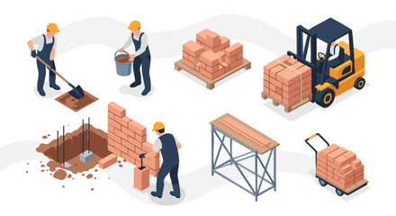 Construction site building process. Isometric illustration. Industrial development concept. © khafid