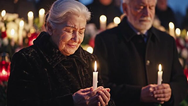Grieving elderly couple holding lit candles in memory, expressing sorrow and remembrance at a solemn outdoor vigil
