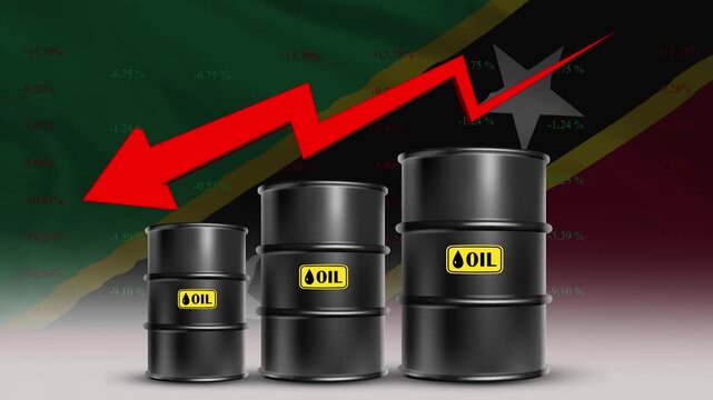 Saint Kitts and Nevis Flag with Oil Barrels and Red Downward Arrow Falling Crude Prices Economic Decline