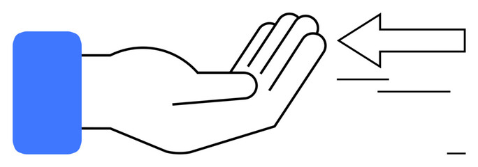 Obraz premium Communication, interaction, guidance, sharing, direction, invitation. Vector graphic of an open hand and an arrow pointing left. Communication and interaction concept