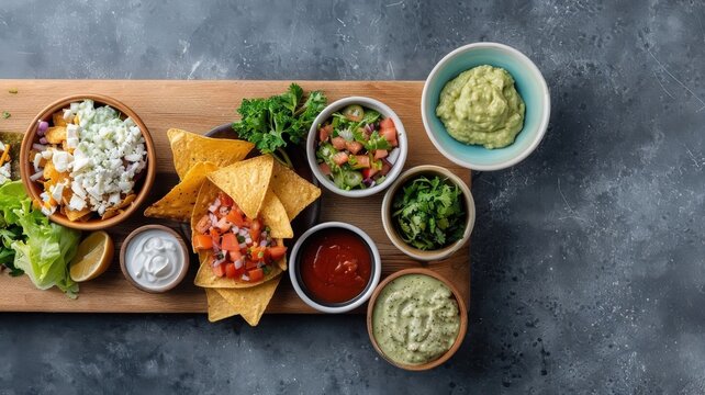 A deconstructed nacho platter showcasing the vibrant colors and textures of each ingredient.