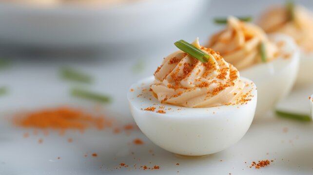 A close-up of a deviled egg with a creamy yolk filling and paprika.