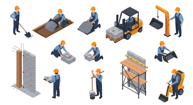 Construction workers isometric set. Building process flat design. Labor tasks collection.
