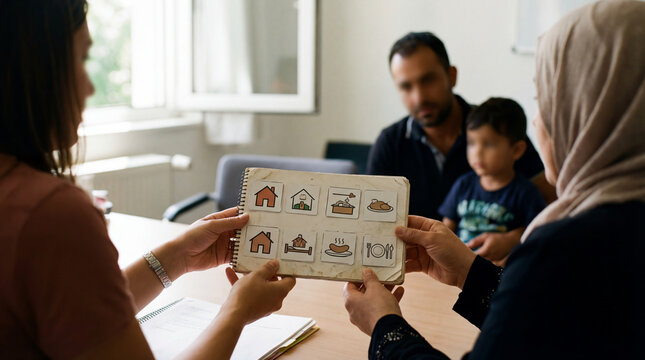 Therapist showing picture communication book to immigrant family during support session helping child express daily needs through visual tools accessible care plus family centered guidance