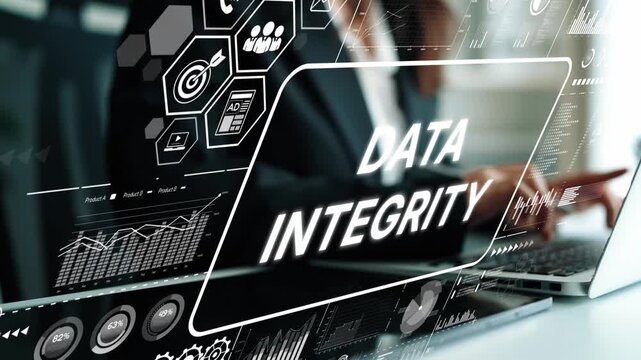 Business Professional Analyzing Data Integrity on Laptop with Digital Graphs and Icons in Modern Workspace. Asymptotic smart data analytic.