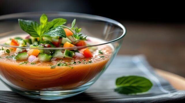 A crystal-clear glass bowl of vibrant gazpacho with fresh vegetables and herbs.
