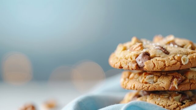 A close-up of a cornflake cookie with chocolate chips and chopped nuts.