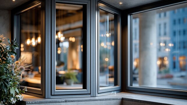 Modern window design in a city cafe showing reflections and plants at dusk