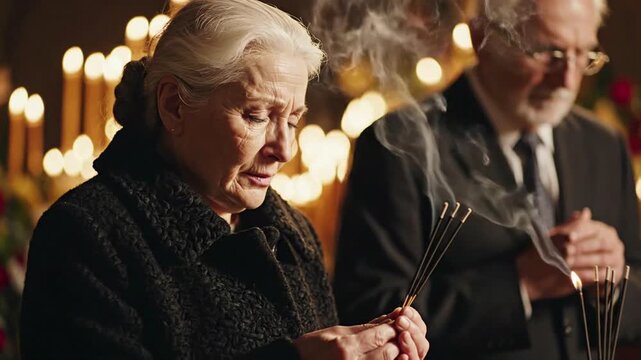 Elderly couple mourning at a funeral, woman holding burning incense sticks, solemn atmosphere with candles, conveying grief and remembrance