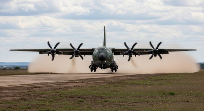Military transport aircraft landing on dirt runway, tactical cargo plane kicking up dust, heavy airlifter with four turboprop engines in flight