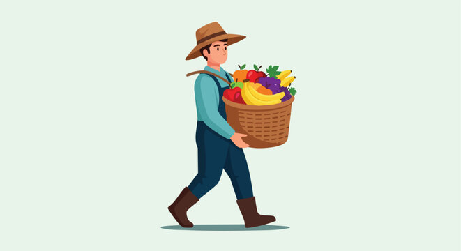 Farmer Carrying Fruit Basket. Man with Fresh Produce. Flat Illustration. Healthy Food Concept.