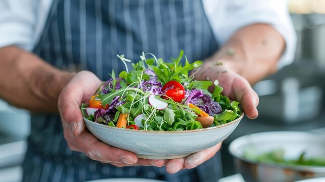 Hands assembling a vibrant salad with fresh greens and vegetables.