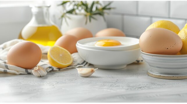Making aioli with garlic, egg yolks, lemon juice, and olive oil in a bright kitchen setting.