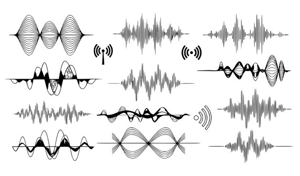 Abstract sound wave lines and radio frequency icons vector set modern audio signal design isolated on white