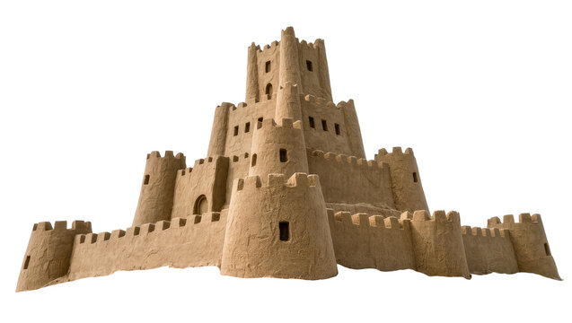 Intricate sandcastle with multiple towers and crenellated walls, isolated on transparent background
