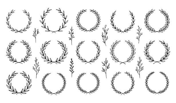 Hand drawn laurel wreaths and botanical branches set minimal line art floral elements isolated on white background
