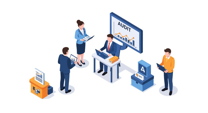 Business professionals conducting audit and financial analysis in office setting.