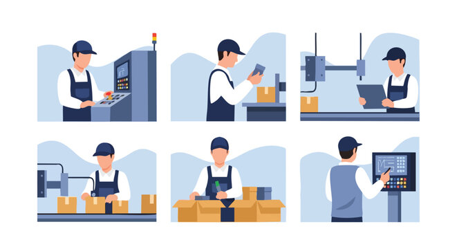 Industrial Workers. Manufacturing Process. Flat Vector Set. Production Line Concepts.