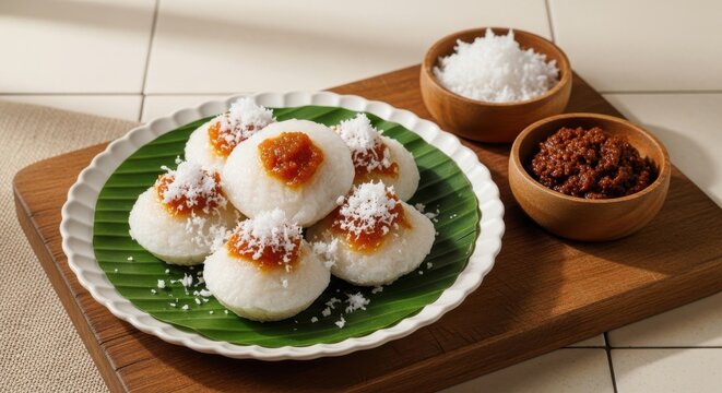 Traditional indonesian steamed rice cakes kue putu with grated coconut and palm sugar