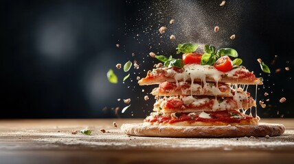 Conceptual representation of a deep-dish pizza being assembled, with layers of cheese, tomato sauce, and toppings in an artistic manner.