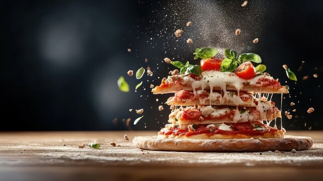 Conceptual representation of a deep-dish pizza being assembled, with layers of cheese, tomato sauce, and toppings in an artistic manner.