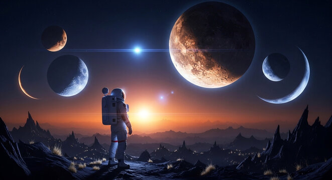 Astronaut standing on alien planet with multiple moons.