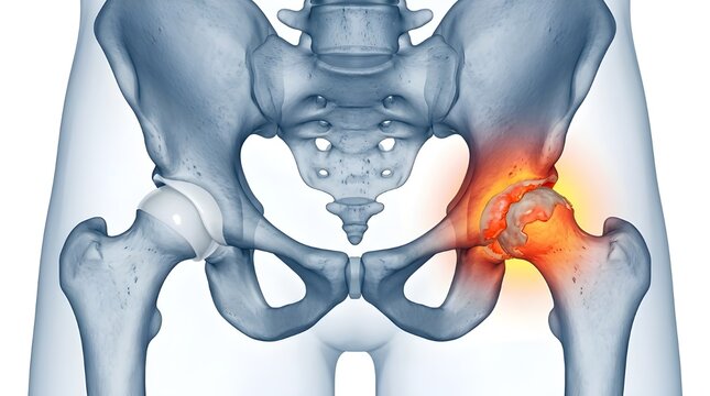 A medical illustration of a human pelvis with a highlighted painful hip joint