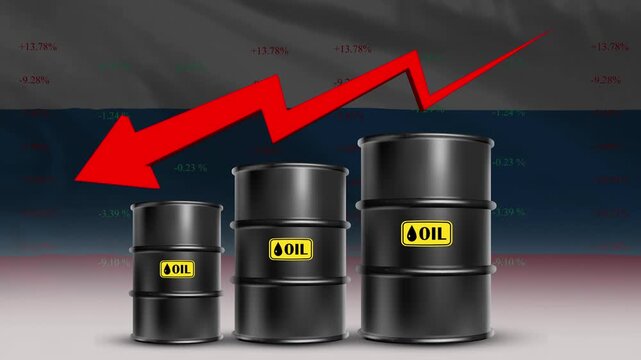 Russia Flag with Oil Barrels and Red Downward Arrow Falling Crude Prices Economic Decline