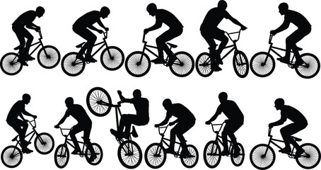 Naklejka premium Black Silhouette Collection of Male BMX Bicycle Riders Performing Stunts and Tricks in Various Dynamic Poses