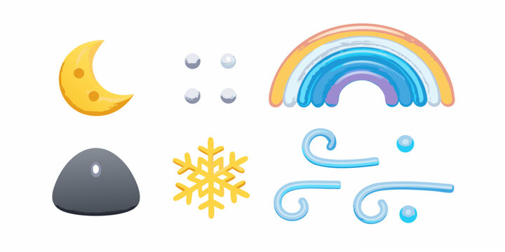 Colorful weather icons including a moon rainbow clouds and snowflake