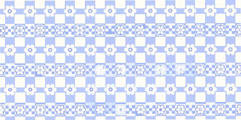 Pale blue and white checkered pattern with floral and geometric motifs © Ganesh