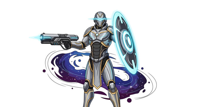 In a Star Wars Day parody, a sci-fi space character illustration shows a space trooper in a galaxy-themed parody, wielding a laser gun and energy shield against a clean white background