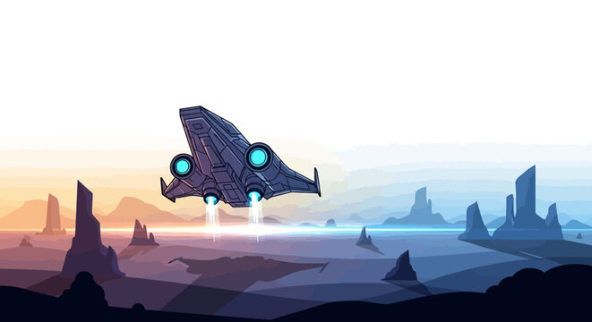 A Star Wars Day sci fi illustration shows a spaceship soaring above a galaxy landscape in a space theme parody style, rendered with vector graphics and a color gradient sky