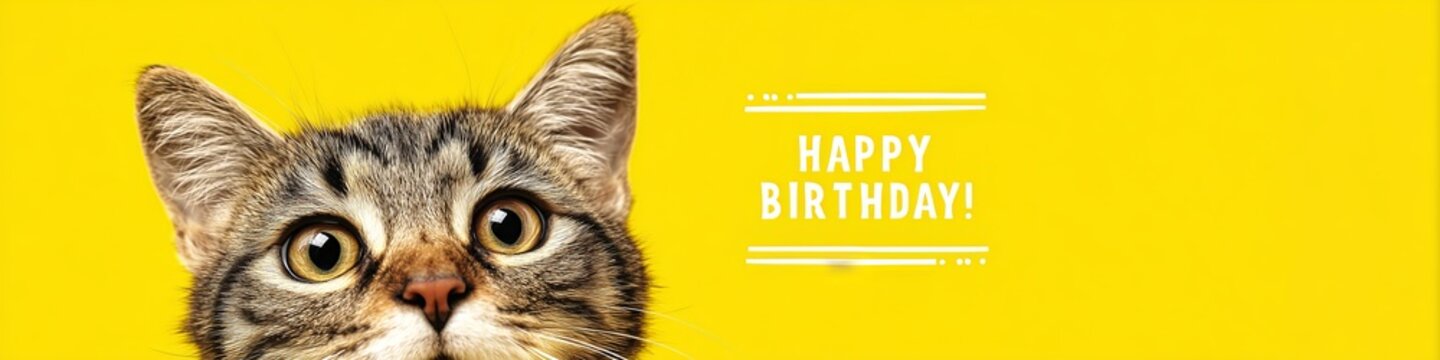 A wide-eyed tabby cat peeks over a bright yellow "HAPPY BIRTHDAY" sign. The cheerful image blends cuteness, celebration, and playful birthday joy.