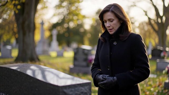 A pensive woman in black stands in a cemetery, mourning a loss at a gravestone, bathed in golden hour sunlight, conveying grief and remembrance