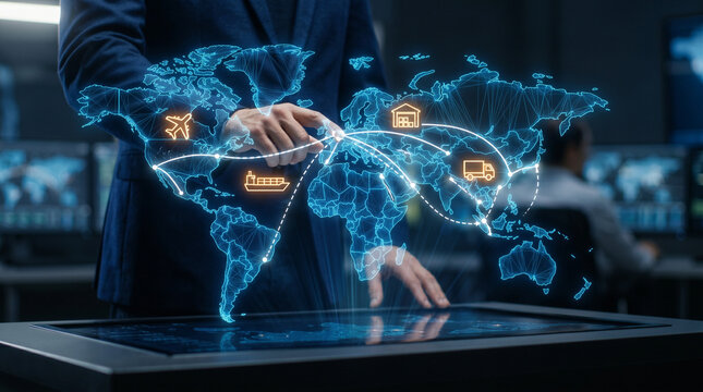 Hand touching a glowing blue holographic world map with supply chain route lines, cargo ship, truck, and warehouse logistics icons.